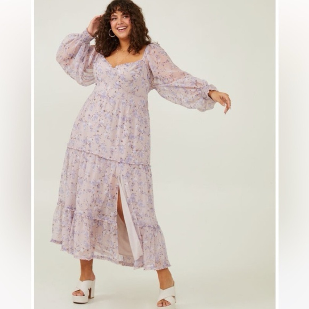 ARULA Lavender Floral Maxi Dress with Puff Sleeves